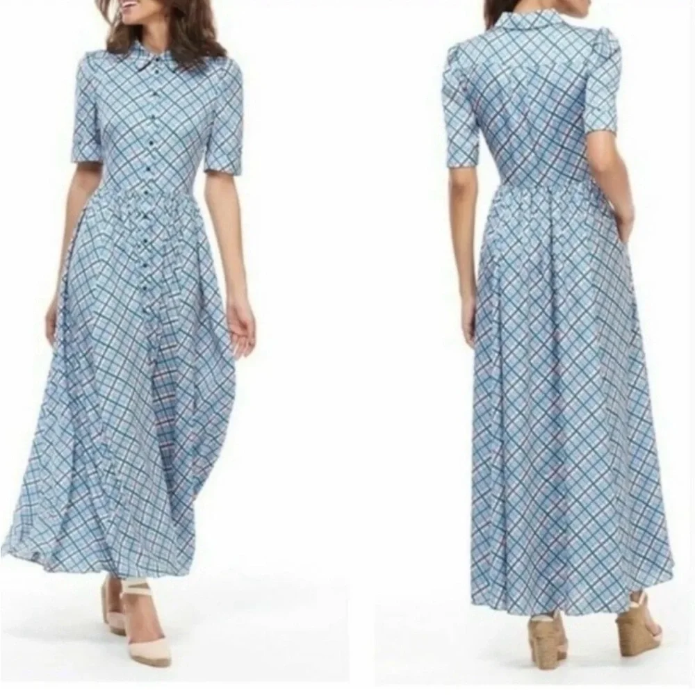 Gal Meets Glam Collection Colette Blue Plaid Button-Down Maxi Dress Size 12 - Picture 14 of 16